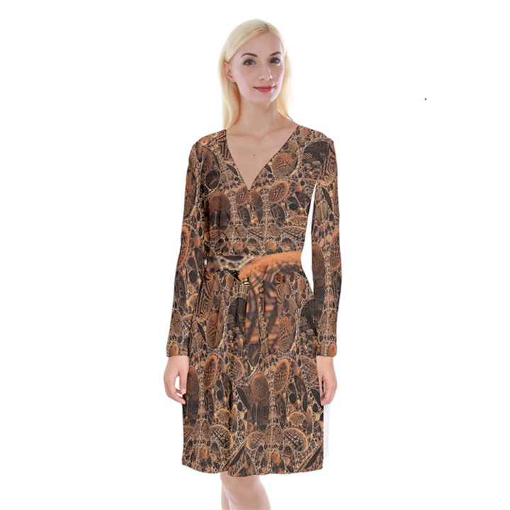 Fractal Render 3d Honeycomb Long Sleeve Velvet Front Wrap Dress