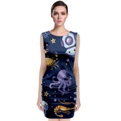 Marine-seamless-pattern-thin-line-memphis-style Sleeveless Velvet Midi Dress