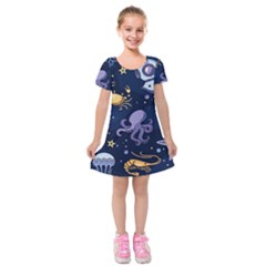 Marine-seamless-pattern-thin-line-memphis-style Kids  Short Sleeve Velvet Dress