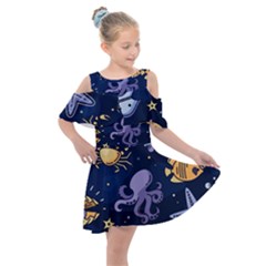 Marine-seamless-pattern-thin-line-memphis-style Kids  Shoulder Cutout Chiffon Dress by BangZart