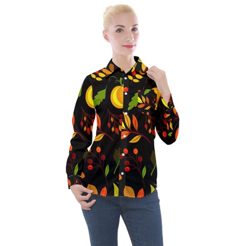 Pumpkin Fall Autumn October Women s Long Sleeve Pocket Shirt by Wegoenart