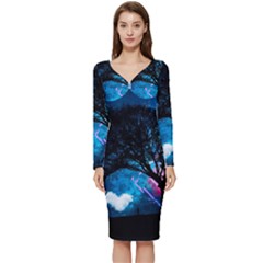 Tree Trees Surreal Universe Silhouette Long Sleeve V-neck Bodycon Dress  by Wegoenart