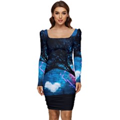 Tree Trees Surreal Universe Silhouette Women Long Sleeve Ruched Stretch Jersey Dress by Wegoenart