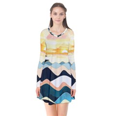 Sea Waves Wave Painting Ocean Water Long Sleeve V-neck Flare Dress by Wegoenart