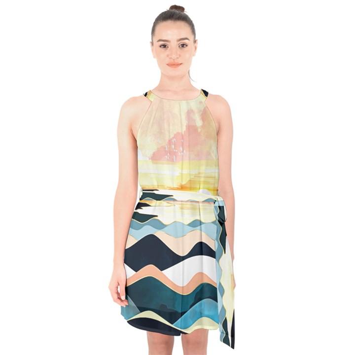 Sea Waves Wave Painting Ocean Water Halter Collar Waist Tie Chiffon Dress