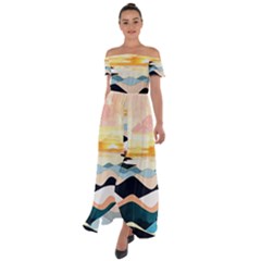 Sea Waves Wave Painting Ocean Water Off Shoulder Open Front Chiffon Dress by Wegoenart