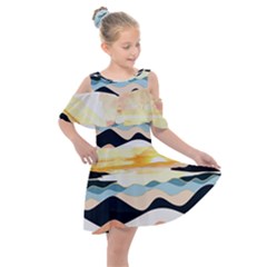 Sea Waves Wave Painting Ocean Water Kids  Shoulder Cutout Chiffon Dress by Wegoenart