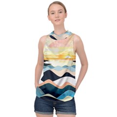 Sea Waves Wave Painting Ocean Water High Neck Satin Top by Wegoenart