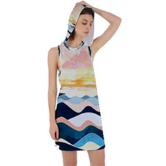 Sea Waves Wave Painting Ocean Water Racer Back Hoodie Dress by Wegoenart