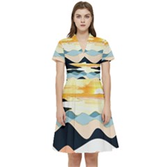 Sea Waves Wave Painting Ocean Water Short Sleeve Waist Detail Dress by Wegoenart