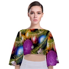 Background Of Christmas Decoration Tie Back Butterfly Sleeve Chiffon Top by artworkshop