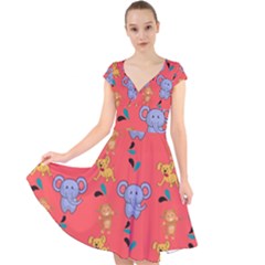 Elephant Cartoon Animal Monkey Cap Sleeve Front Wrap Midi Dress by Wegoenart