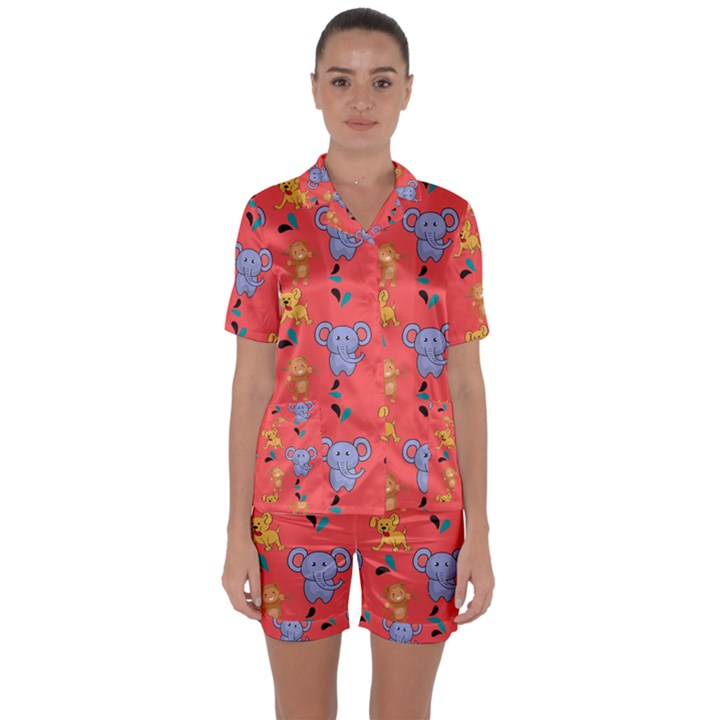 Elephant Cartoon Animal Monkey Satin Short Sleeve Pajamas Set