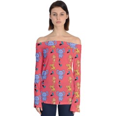 Elephant Cartoon Animal Monkey Off Shoulder Long Sleeve Top by Wegoenart