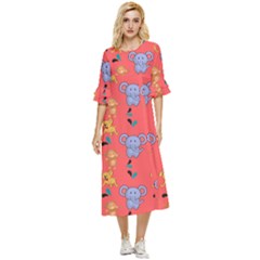 Elephant Cartoon Animal Monkey Double Cuff Midi Dress by Wegoenart