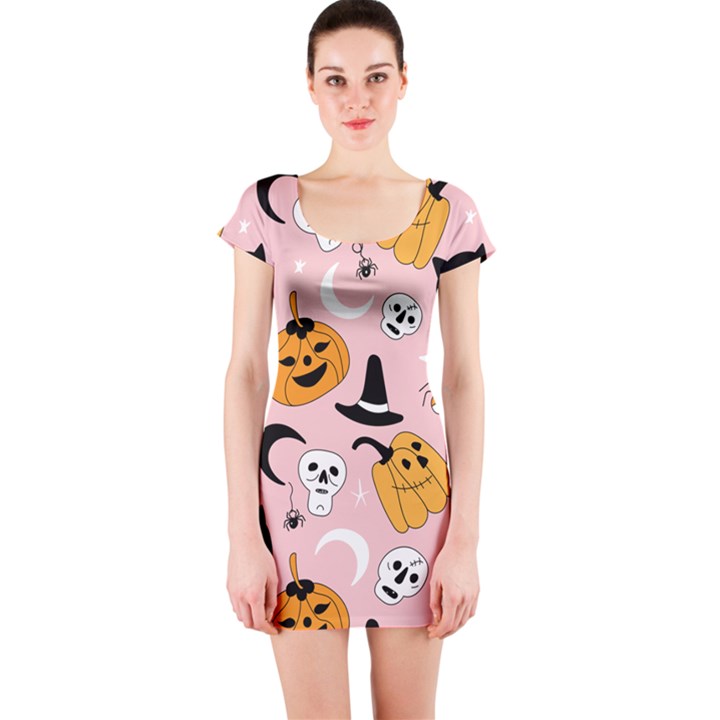 Pumpkin Cat Pattern Skull Short Sleeve Bodycon Dress