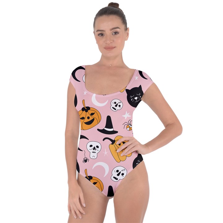 Pumpkin Cat Pattern Skull Short Sleeve Leotard 