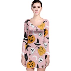 Pumpkin Cat Pattern Skull Long Sleeve Velvet Bodycon Dress by Wegoenart