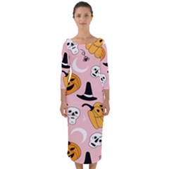 Pumpkin Cat Pattern Skull Quarter Sleeve Midi Bodycon Dress by Wegoenart