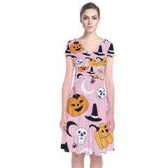 Pumpkin Cat Pattern Skull Short Sleeve Front Wrap Dress by Wegoenart