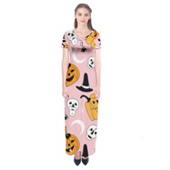 Pumpkin Cat Pattern Skull Short Sleeve Maxi Dress by Wegoenart