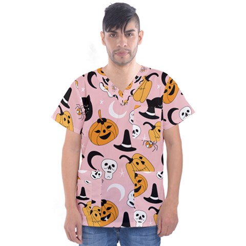 Pumpkin Cat Pattern Skull Men s V-neck Scrub Top by Wegoenart