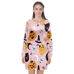 Pumpkin Cat Pattern Skull Long Sleeve Chiffon Shift Dress  by Wegoenart