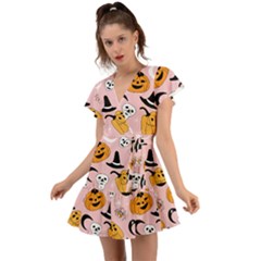 Pumpkin Cat Pattern Skull Flutter Sleeve Wrap Dress by Wegoenart