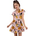 Pumpkin Cat Pattern Skull Flutter Sleeve Wrap Dress View1