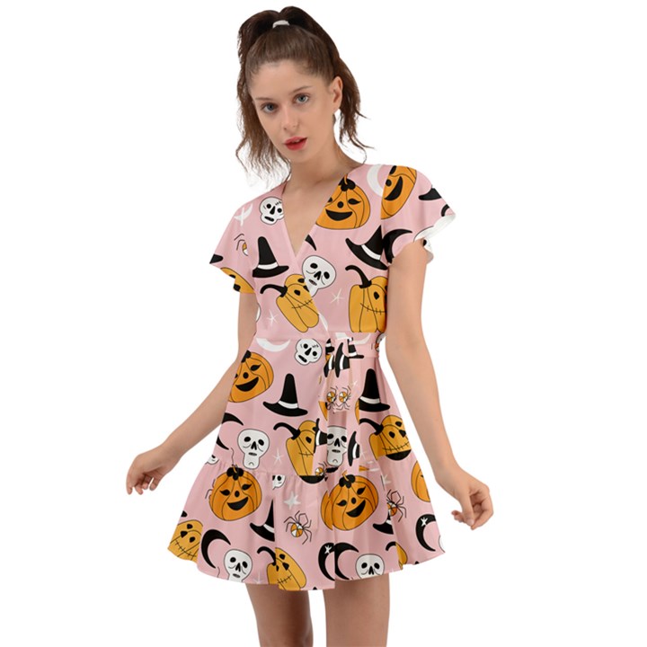 Pumpkin Cat Pattern Skull Flutter Sleeve Wrap Dress