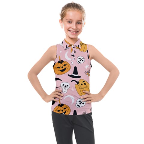 Pumpkin Cat Pattern Skull Kids  Sleeveless Polo Tee by Wegoenart