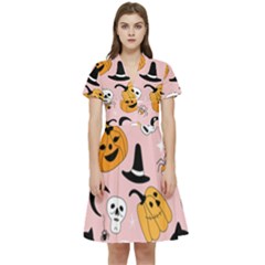 Pumpkin Cat Pattern Skull Short Sleeve Waist Detail Dress by Wegoenart