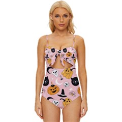 Pumpkin Cat Pattern Skull Knot Front One-piece Swimsuit by Wegoenart