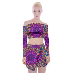 Mandala Rosette Floral Pattern Off Shoulder Top With Mini Skirt Set by Wegoenart