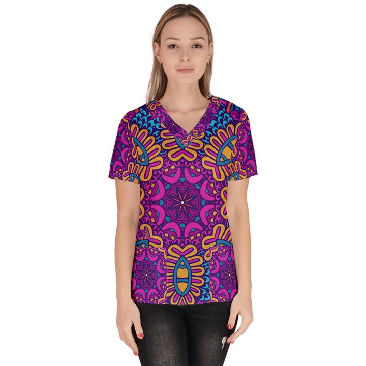 Mandala Rosette Floral Pattern Women s V-Neck Scrub Top