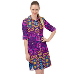 Mandala Rosette Floral Pattern Long Sleeve Mini Shirt Dress by Wegoenart