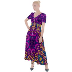 Mandala Rosette Floral Pattern Button Up Short Sleeve Maxi Dress