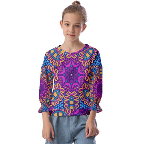 Mandala Rosette Floral Pattern Kids  Cuff Sleeve Top by Wegoenart