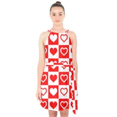 Background-card-checker-chequered Halter Collar Waist Tie Chiffon Dress