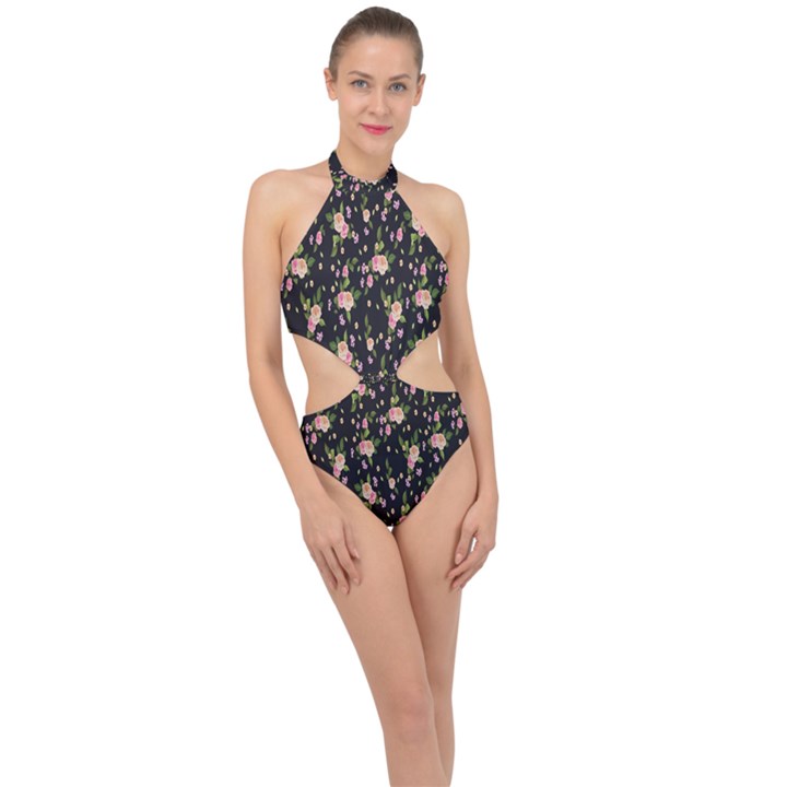 Background-roses Halter Side Cut Swimsuit