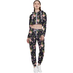 Background-roses Cropped Zip Up Lounge Set