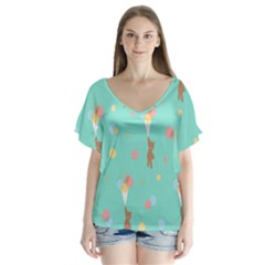 Bear 6 V-neck Flutter Sleeve Top by nateshop