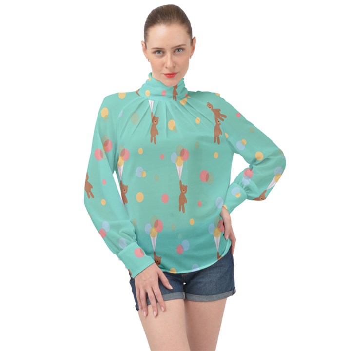 Bear 6 High Neck Long Sleeve Chiffon Top