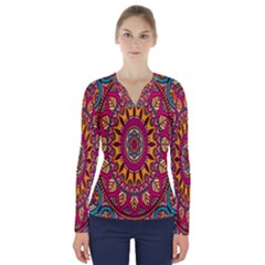 Buddhist Mandala V-neck Long Sleeve Top by nateshop