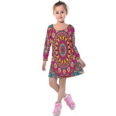 Buddhist Mandala Kids  Long Sleeve Velvet Dress by nateshop