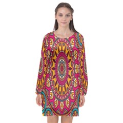 Buddhist Mandala Long Sleeve Chiffon Shift Dress  by nateshop