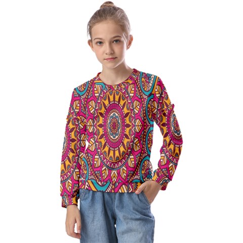 Buddhist Mandala Kids  Long Sleeve Tee With Frill  by nateshop