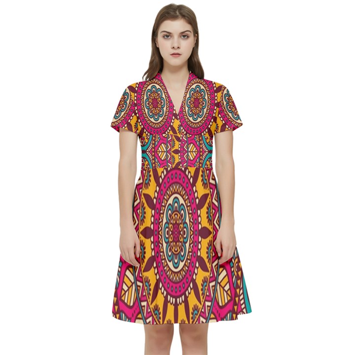 Buddhist Mandala Short Sleeve Waist Detail Dress