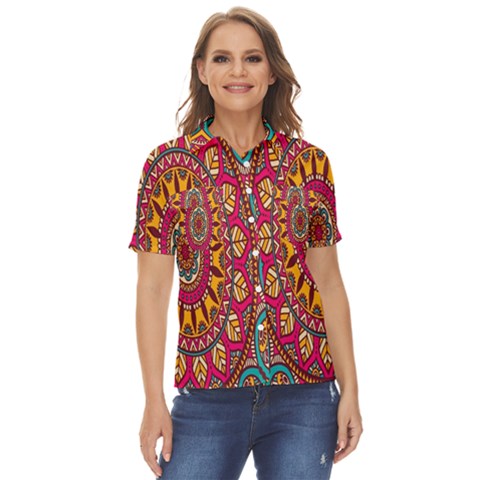 Buddhist Mandala Women s Short Sleeve Double Pocket Shirt by nateshop