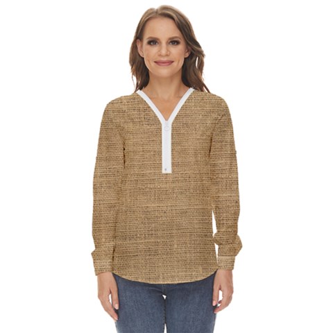 Burlap Texture Zip Up Long Sleeve Blouse by nateshop